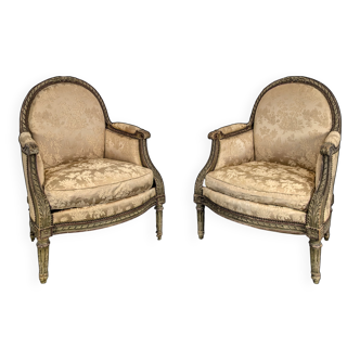 Pair of reupholstered Bergères in Louis XVI style