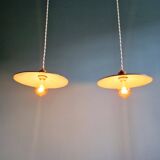 Pair of industrial pendant lights in green enamelled sheet metal