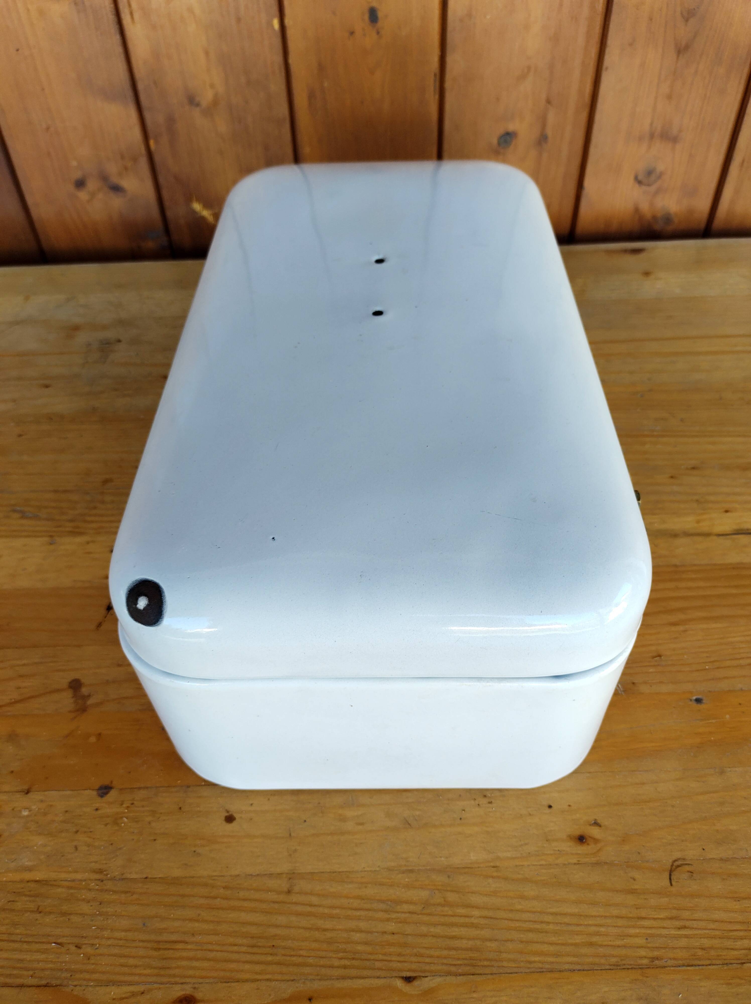 Vintage bread box - white enamel and brass - retro