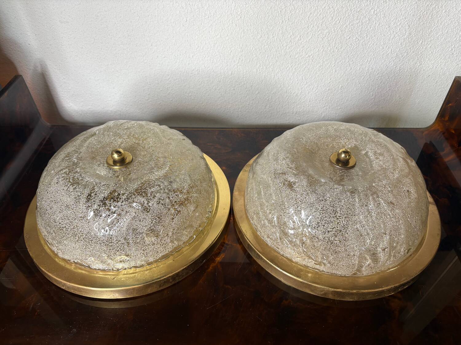 Pair of glass and gold brass ceiling lights, 1970s