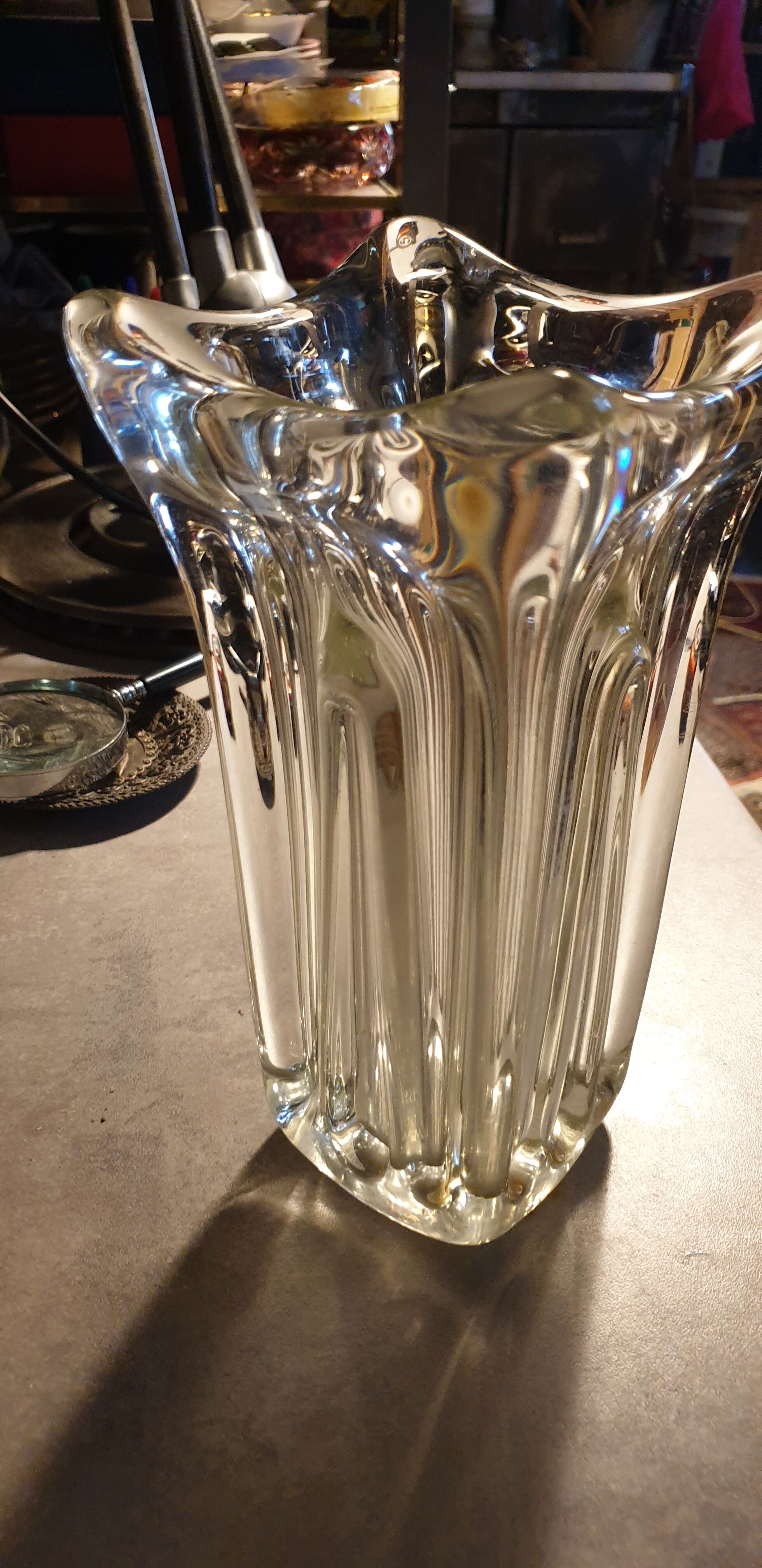 Thick molded glass vase, 50s