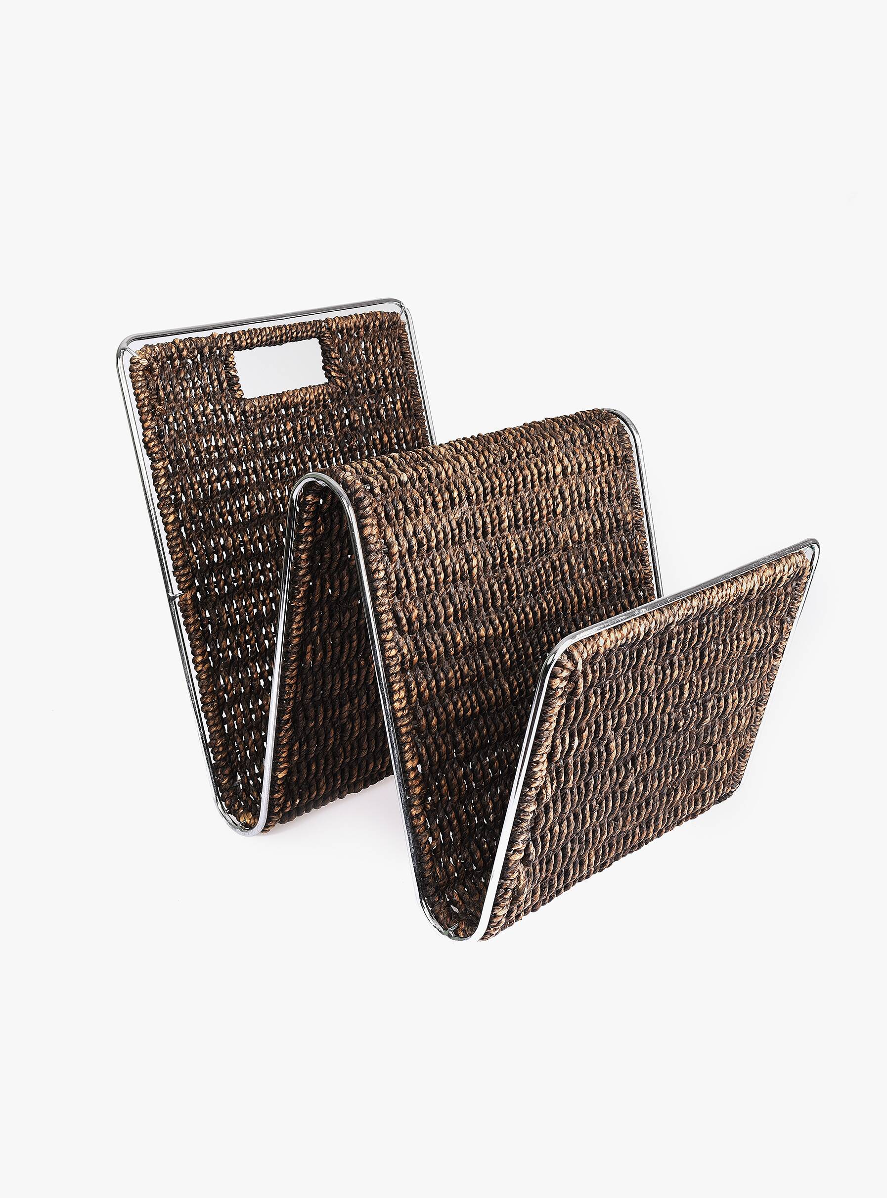 Vintage stainless steel magazine rack, woven rattan