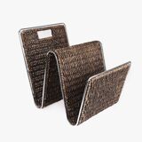Vintage stainless steel magazine rack, woven rattan