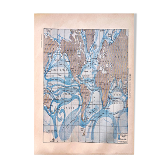 Lithographie carte Mer et courants 1897