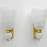 Pair of Mid-century Modern Brass and "Pulegoso" Murano Glass Sconces