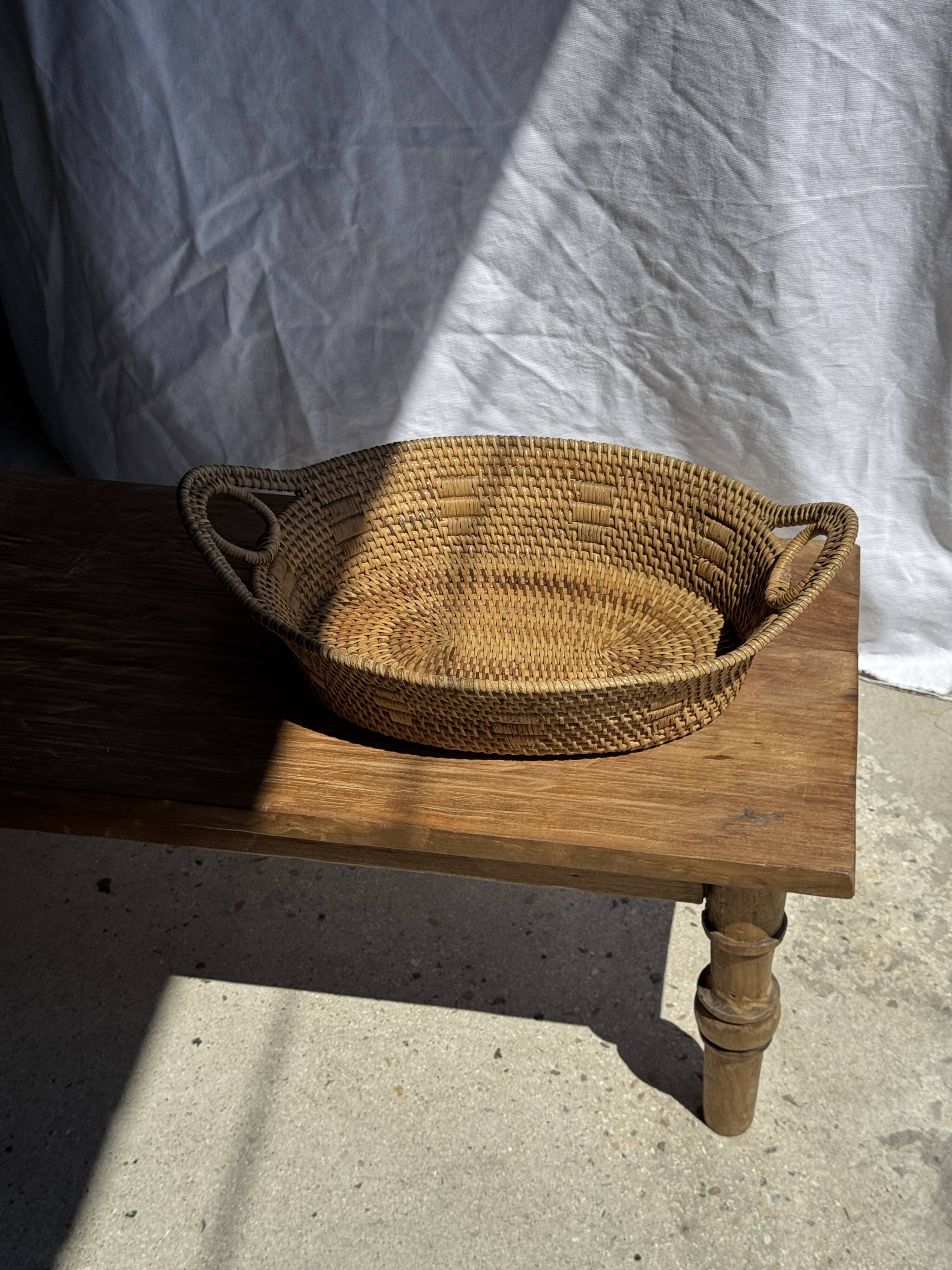 Large flat oval woven rattan basket with handles, Indonesian L53x64