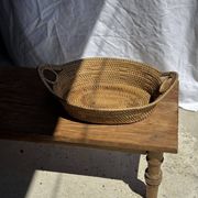 Large flat oval woven rattan basket with handles, Indonesian L53x64