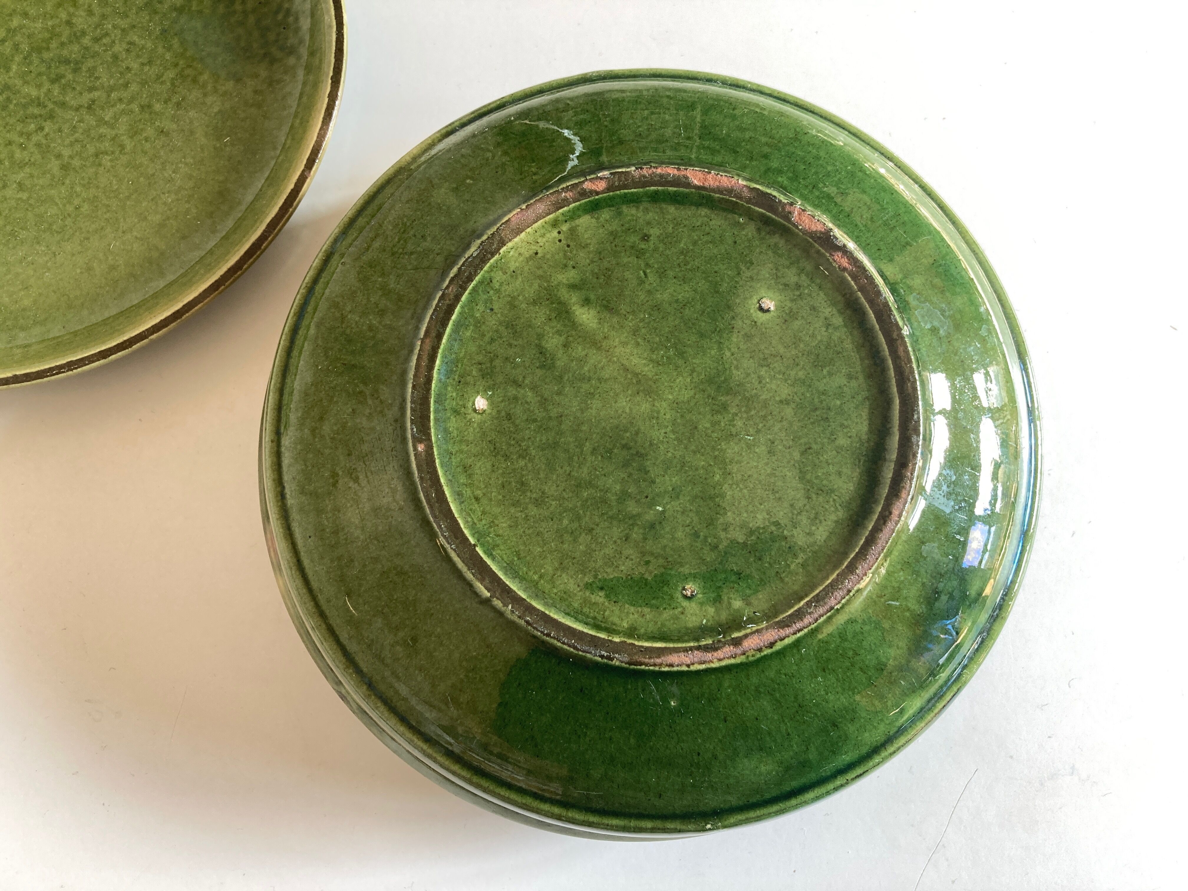 Set 5 plates flat caps dessert in green glazed earth 1960