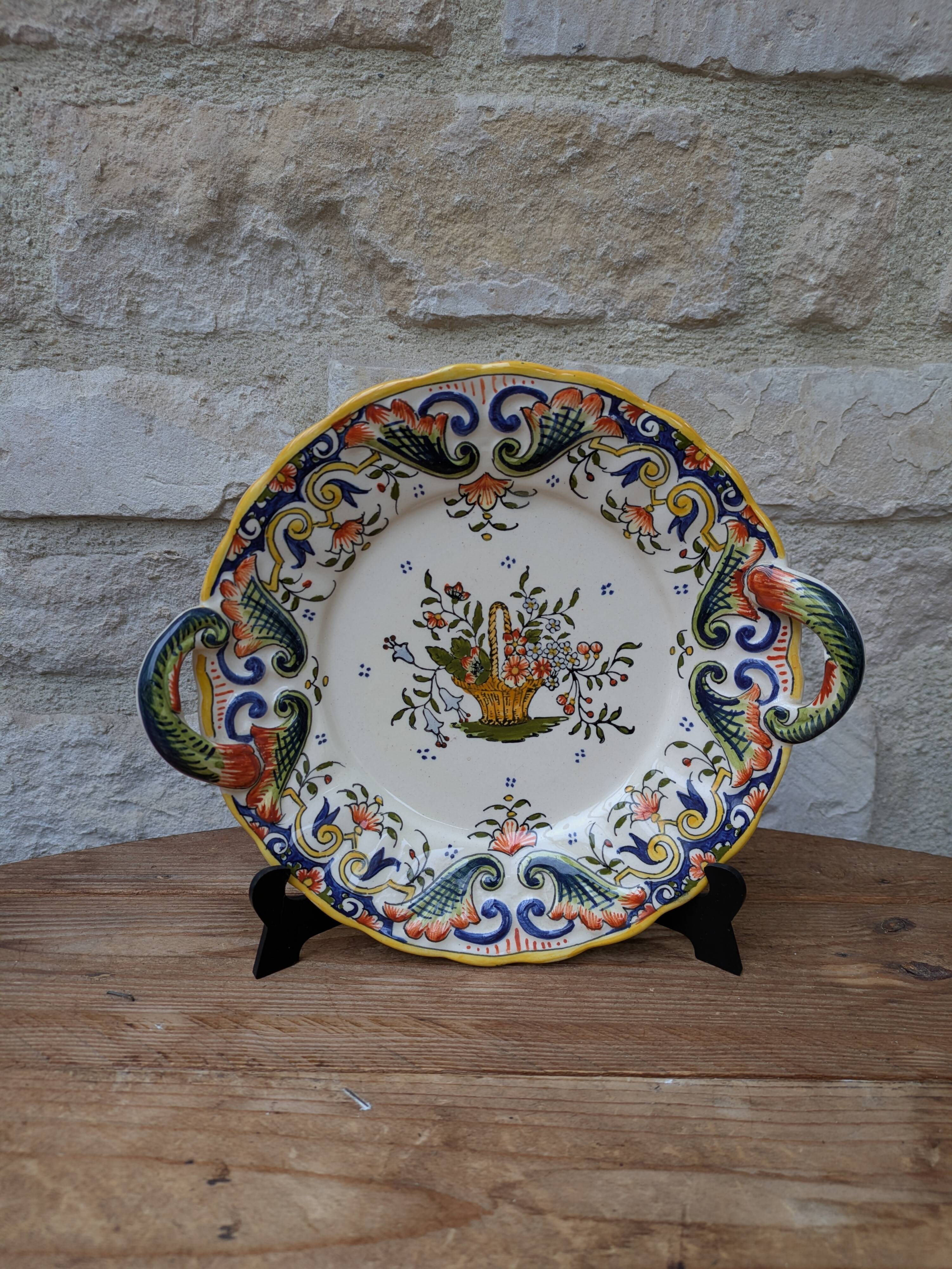 Old decorative plate with handles Old Rouen handmade