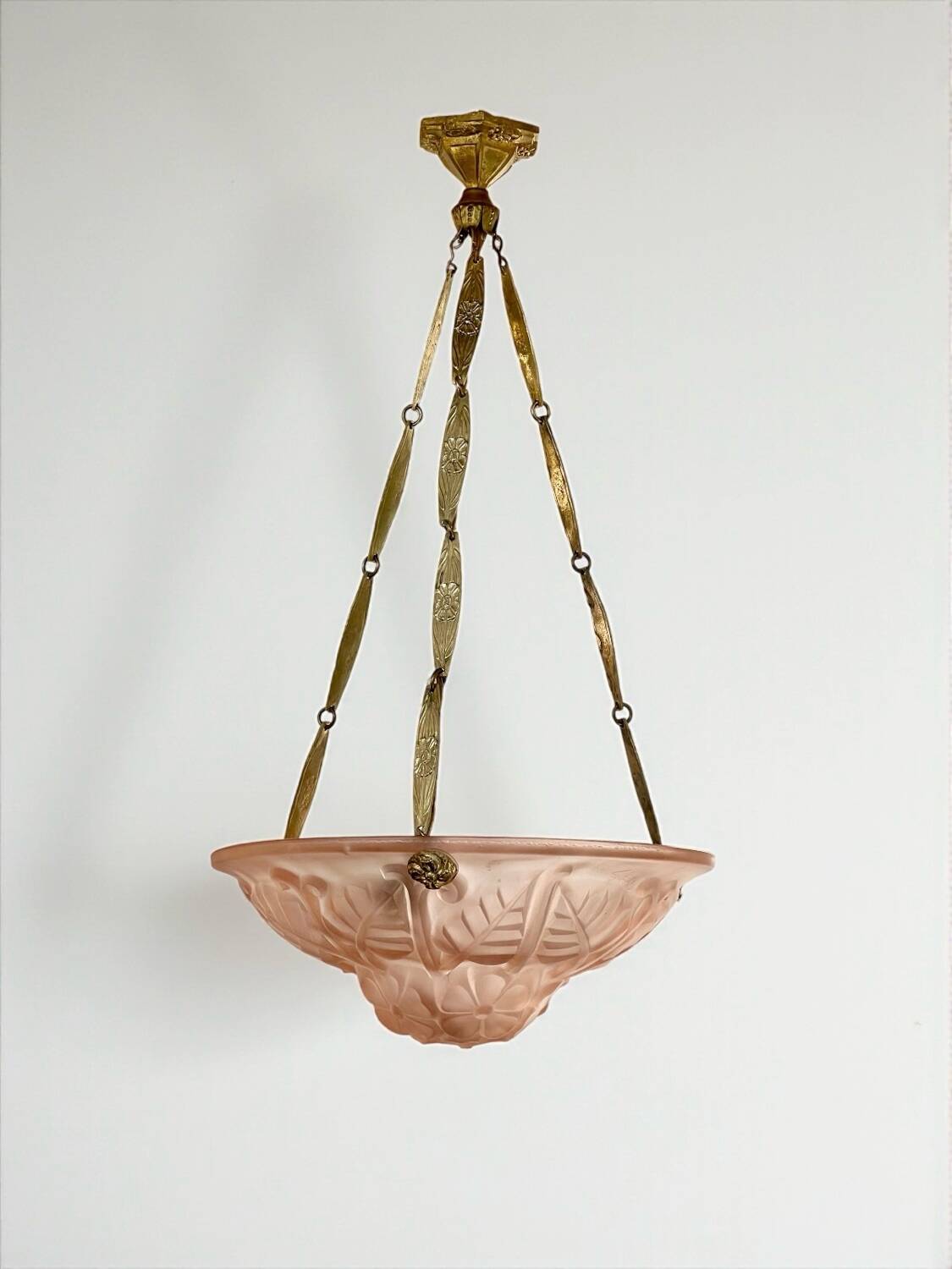 Art Deco glass and bronze pendant light/basin signed Degué