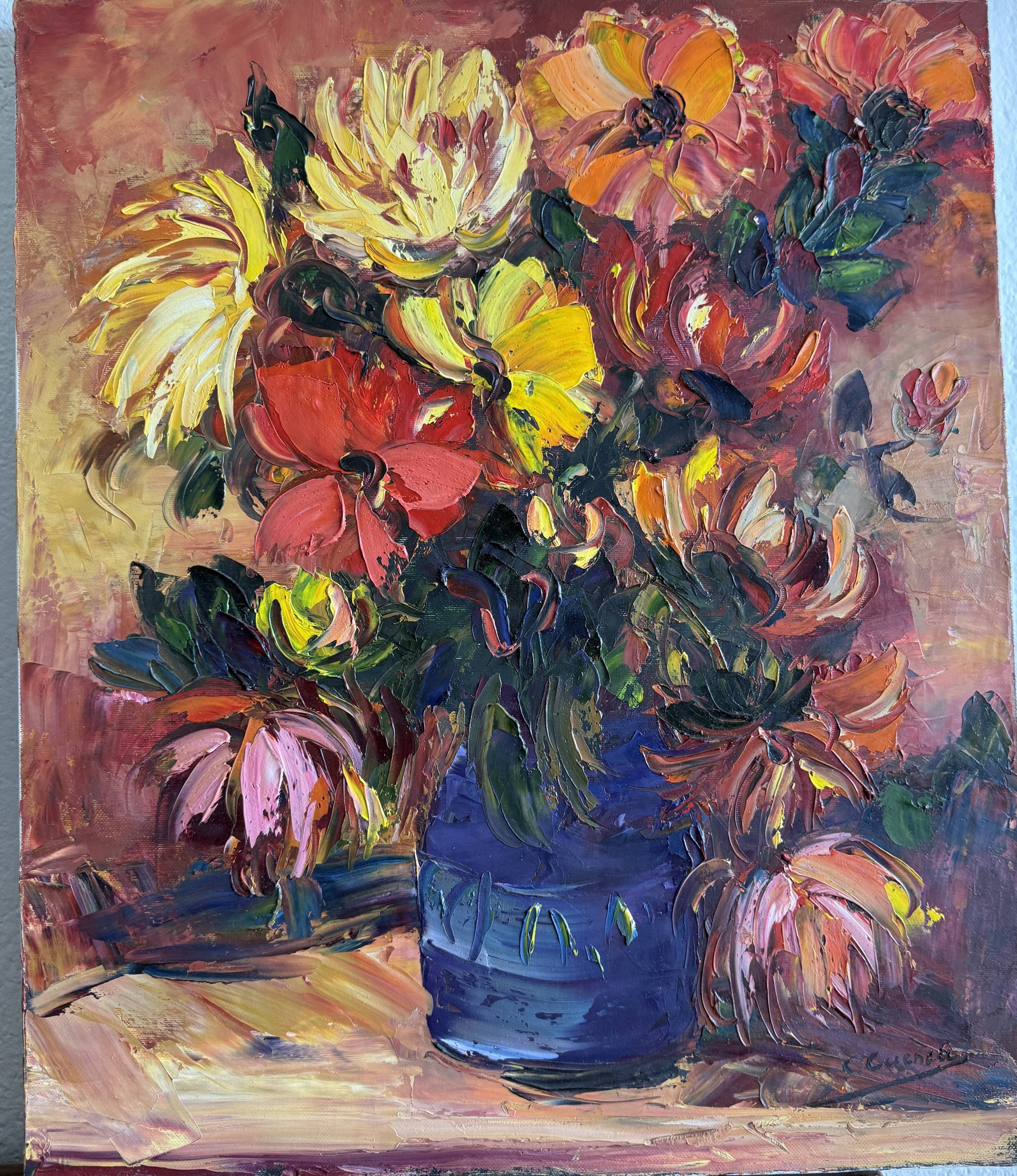 Oil on canvas expressionist colourful flowers in a blue vase.