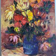 Huile sur toile expressionniste fleurs colorées dans un vase bleu