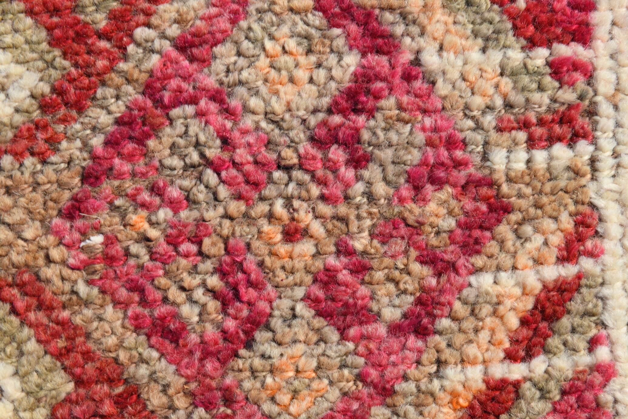 Tapis de Couloir Turc Vintage, Laine Rouge & Beige Géométrique, 83x388 Cm