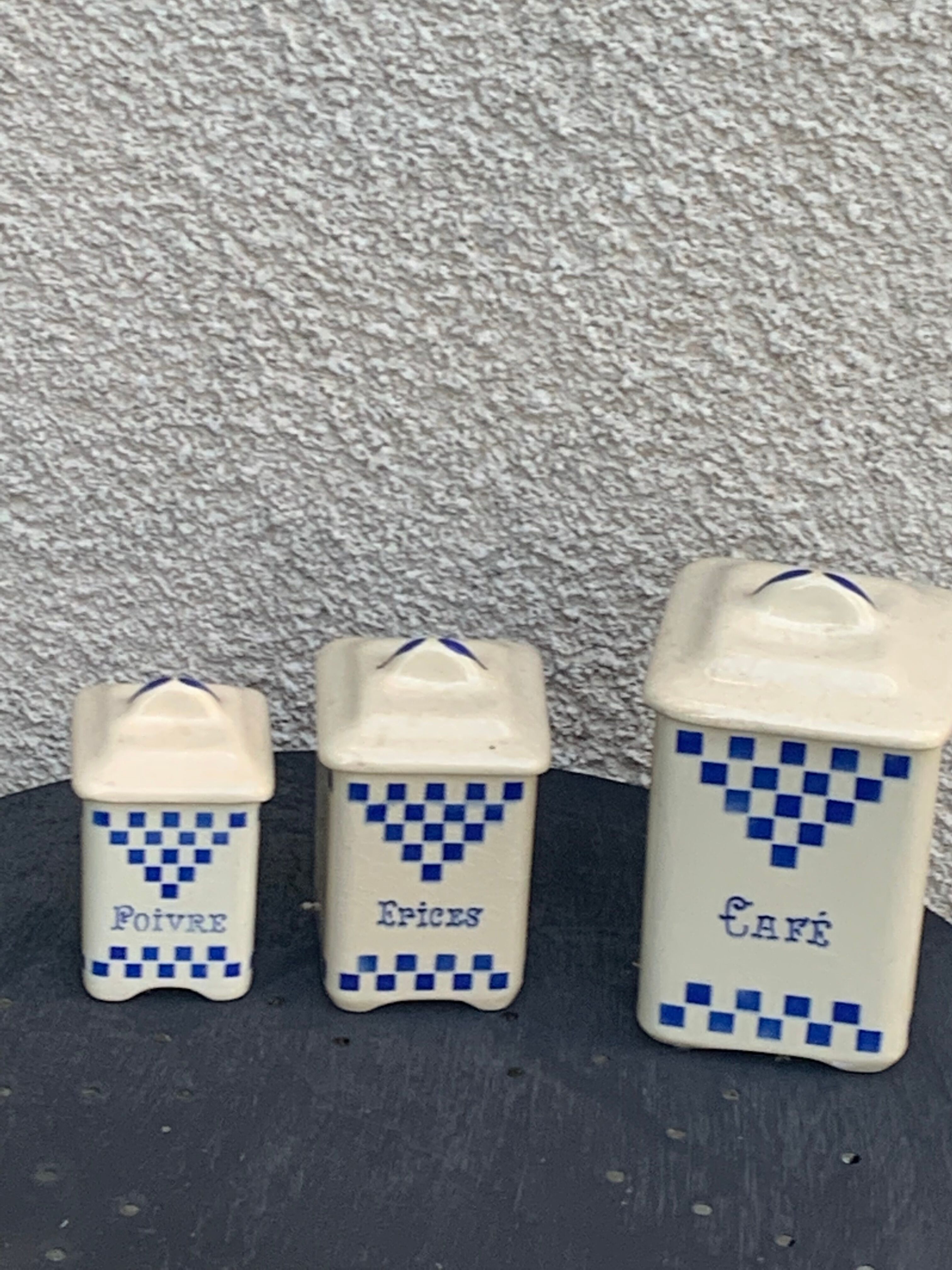 Set of 3 earthenware spice pots geometric pattern art deco period