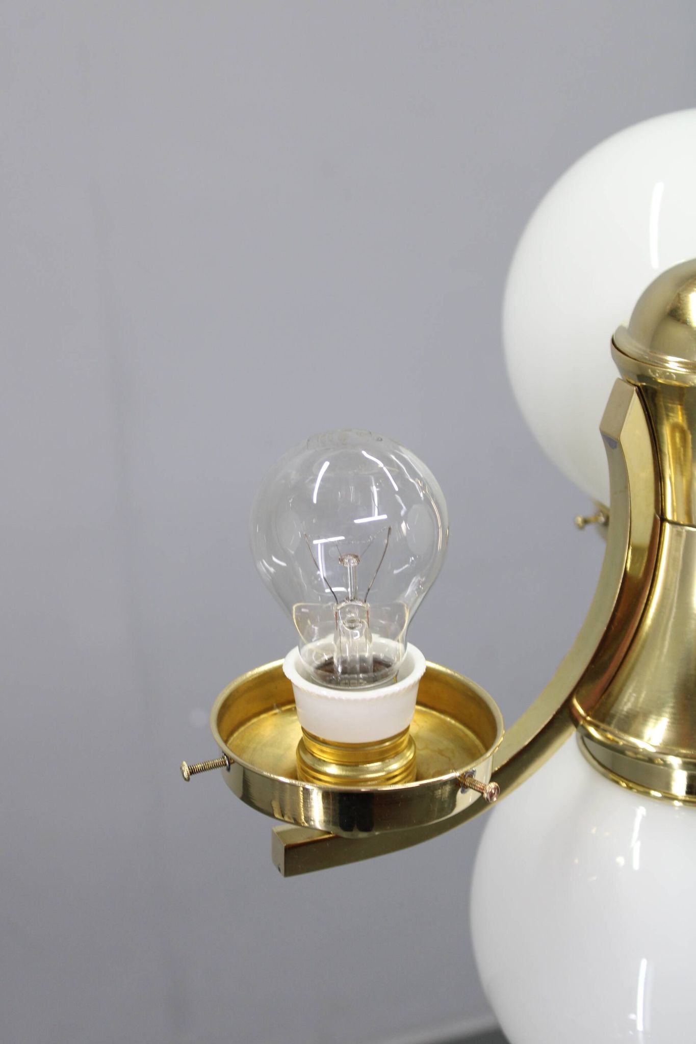 Art Deco brass chandelier with opaline glass, Czechoslovakia, 1930s