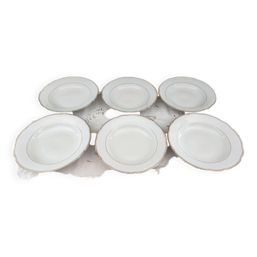 Lot de 6 assiettes creuses en porcelaine fine de Bohème blanche liseré doré