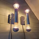Pair of tubular double-light wall lights in chrome-plated metal, 1970s