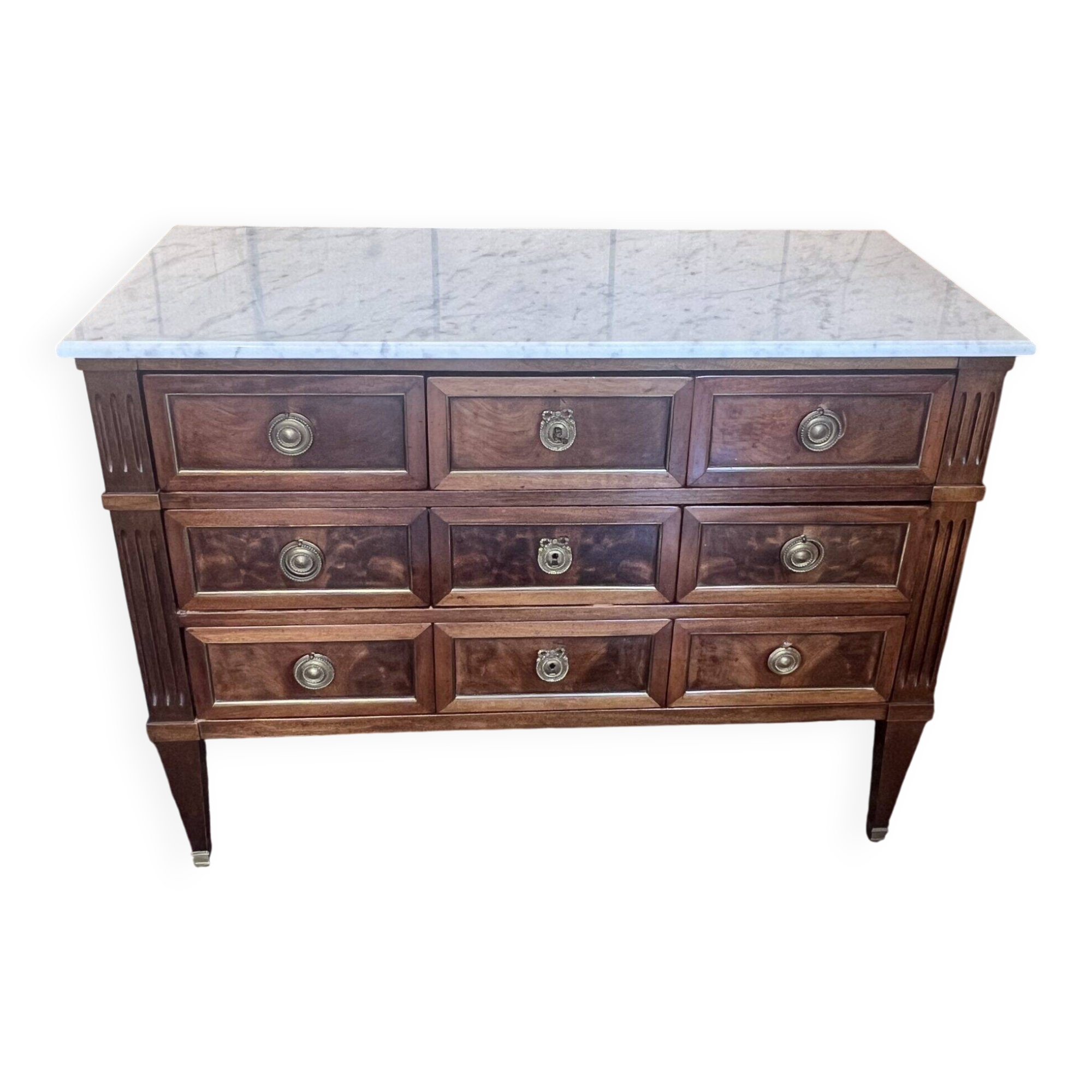 Louis XVI chest of drawers in mahogany veneer and solid wood, white marble