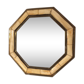 Octagonal brass mirror and veined beige bovine horn 29x29cm