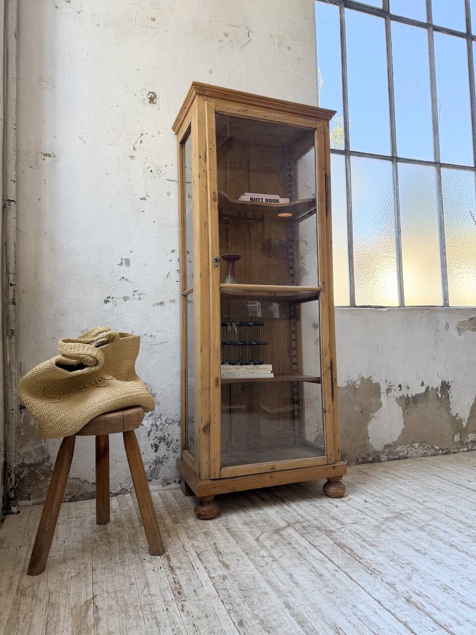 19th-century English pine display cabinet