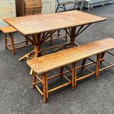 Vintage 50s set: large table - tripod base and woven chestnut benches