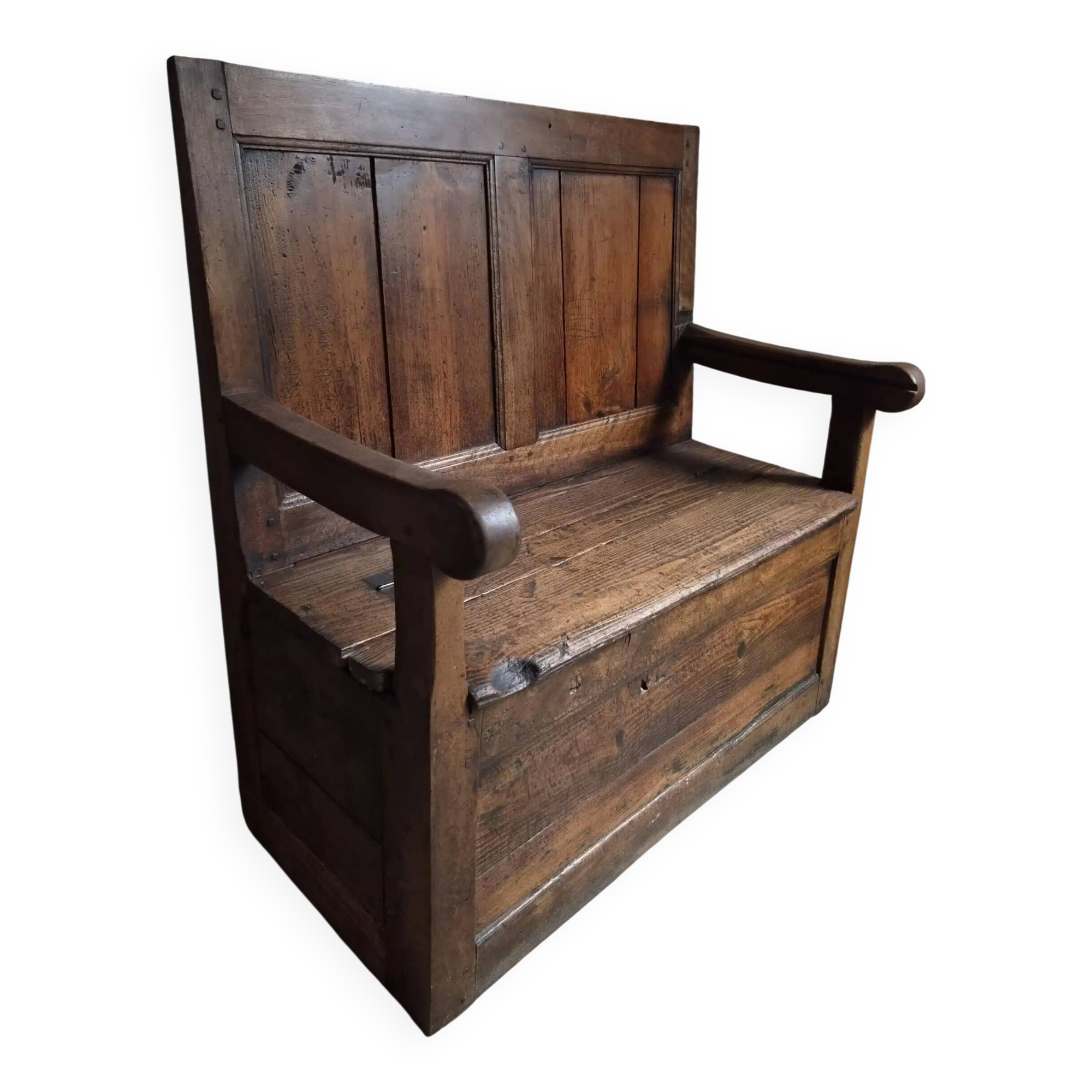 Rustic French antique storage bench from the 18th century in walnut and pine.