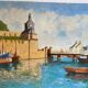 Sailboat harbor painting