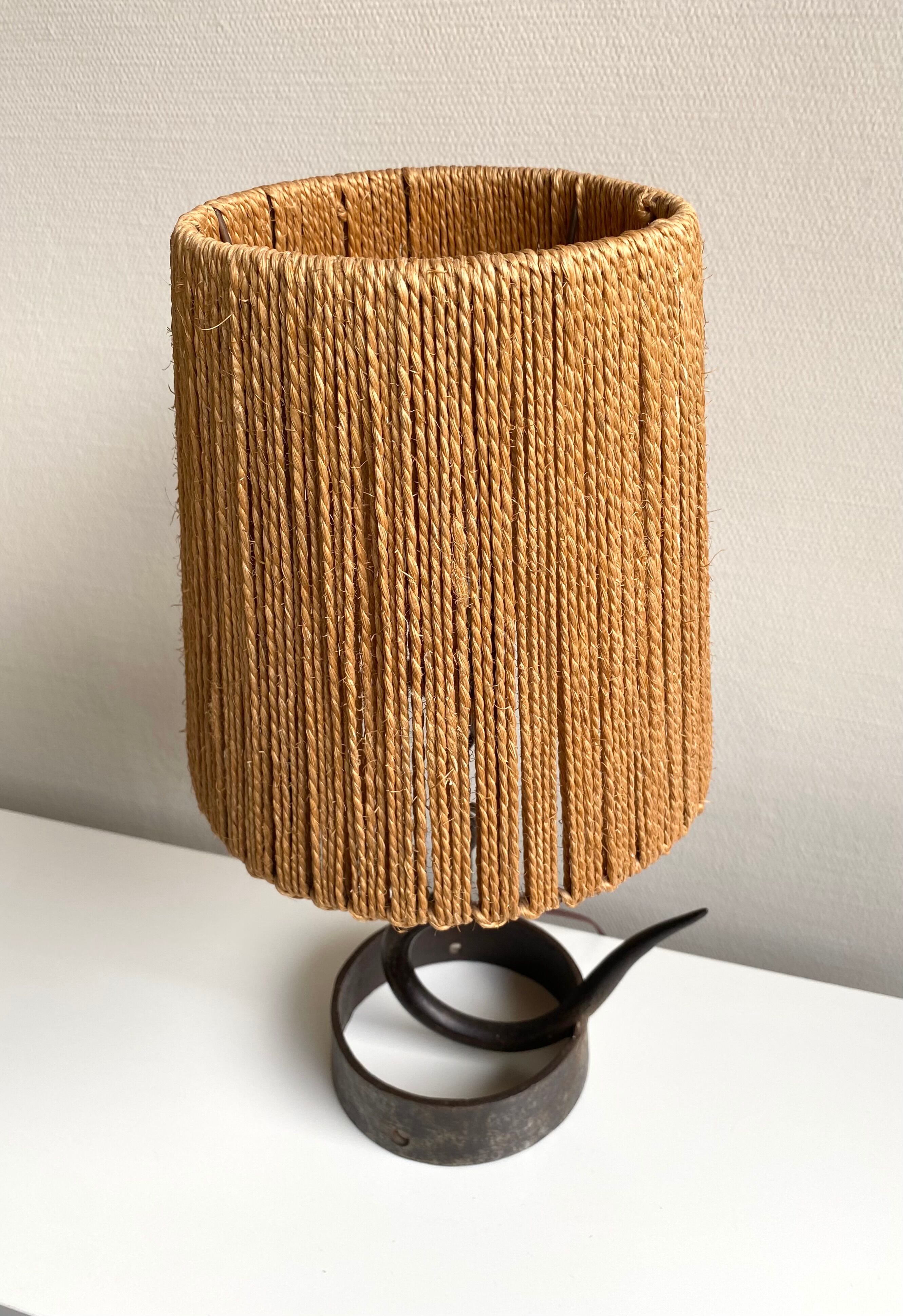 Wrought iron lamp with natural rope lampshade, vintage