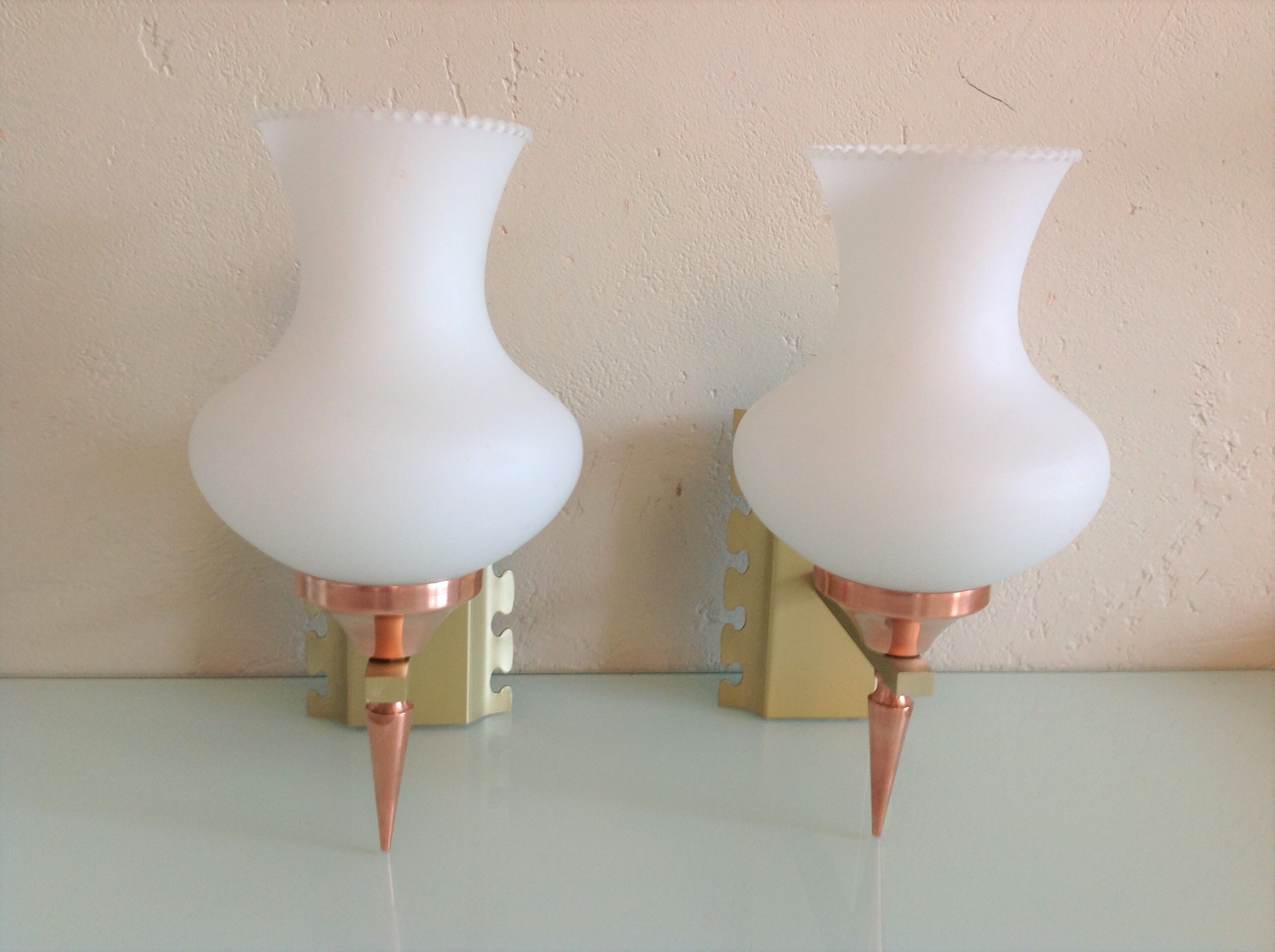 Pair of red copper and white opaline sconces 60s-70s