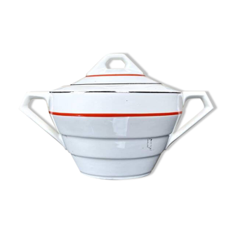 Vintage white porcelain sugar bowl - art deco coffee service - red - silver