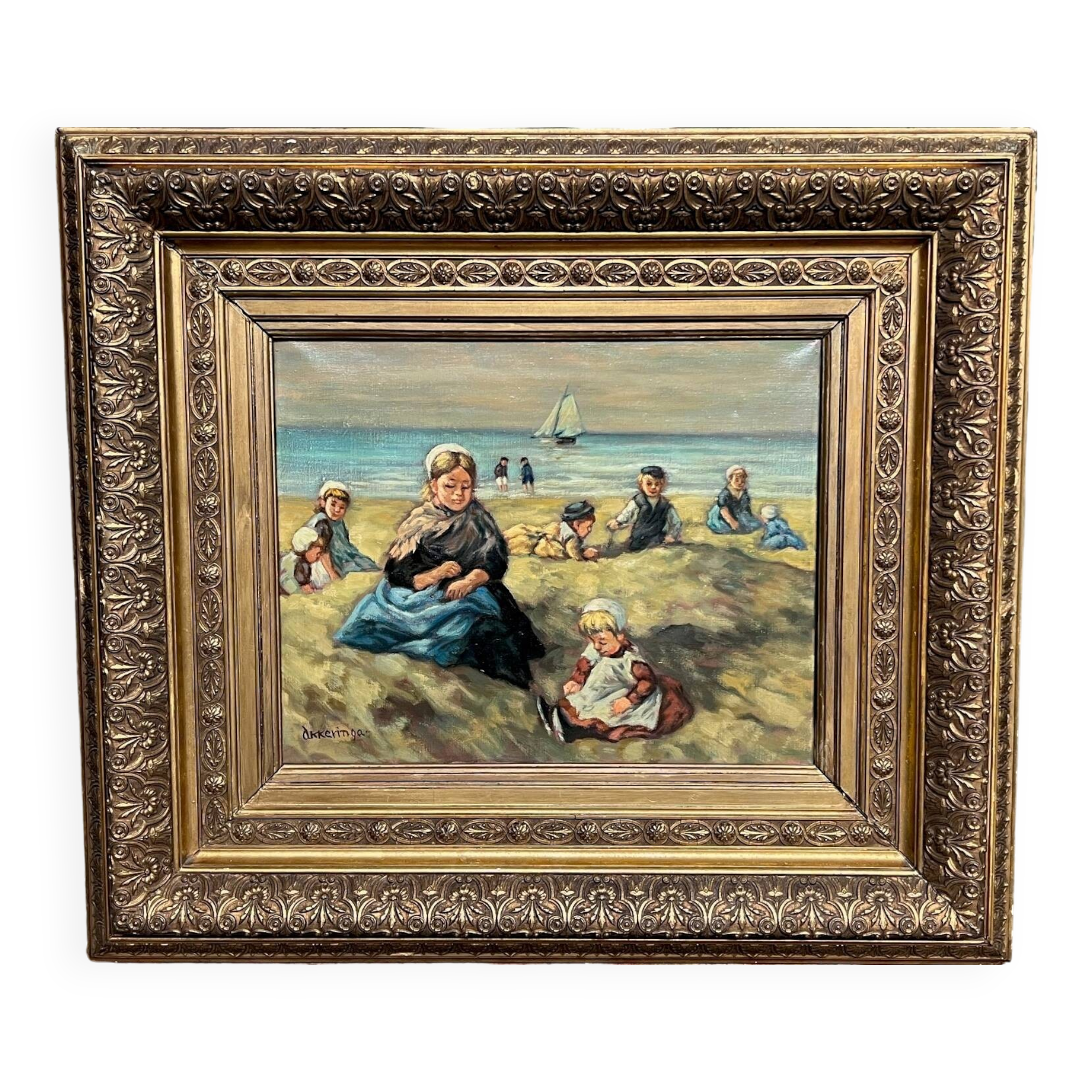 Johannes Evert Akkeringa (1861-1942). “Children playing on the beach”. Famous Dutch artist.