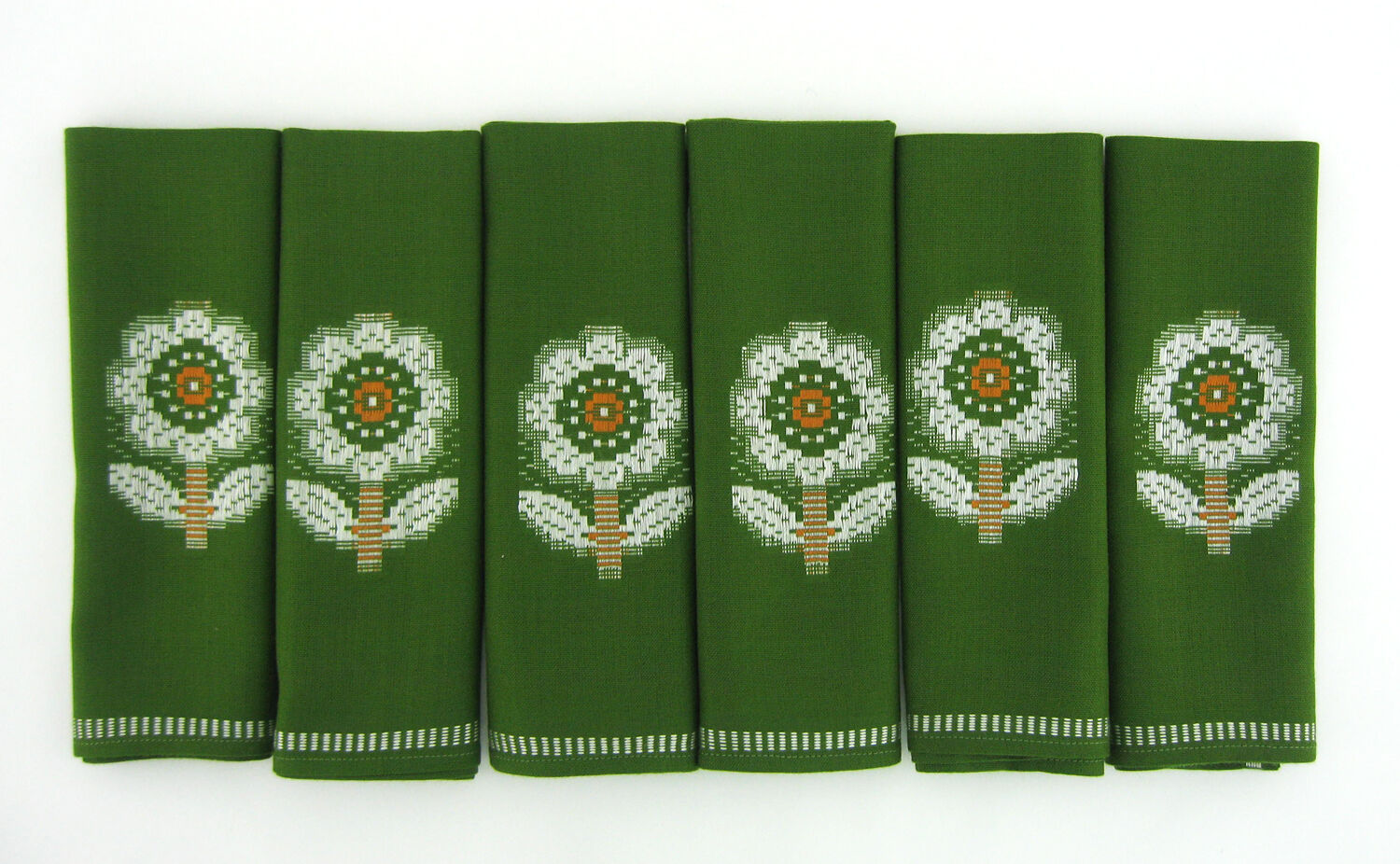Lot 6 napkins in green Dralon - white flower patterns - vintage 60s