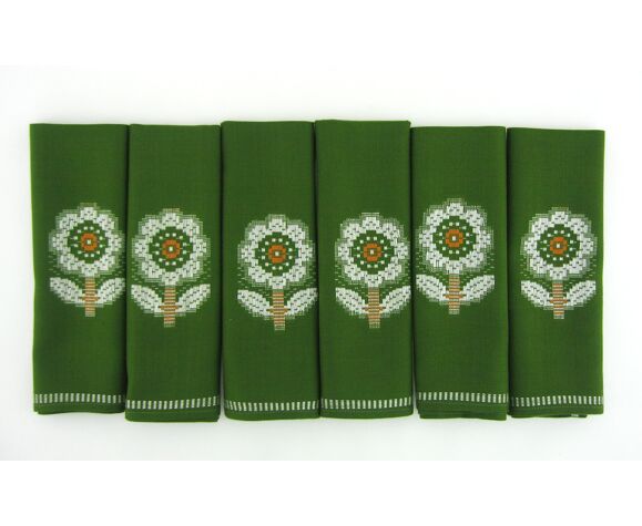 Lot 6 serviettes de table en Dralon vert - motifs fleurs blanches - vintage années 60