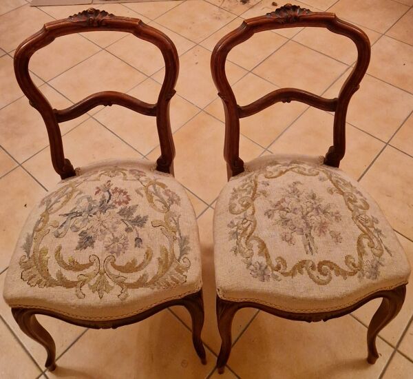 Paire de chaises Louis XV – bois sculpté & tapisserie ancienne – fin XIXᵉ