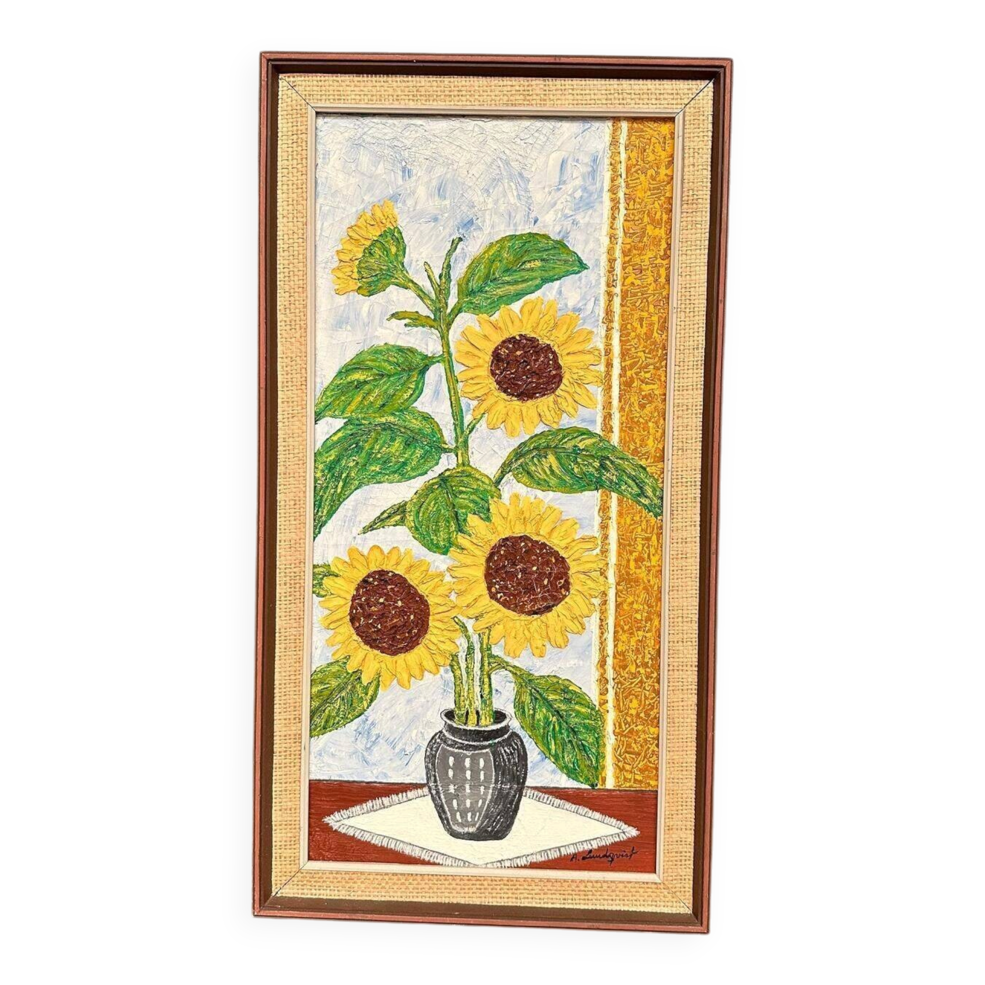 Original Swedish Oil On Canvas – “Sunflowers” By A. Lundqvist – Signed – Vintage & Framed – 66 × 35 Cm (26" × 13.8")