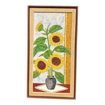 Huile sur toile originale suédoise – « Tournesols » par A. Lundqvist – Signé – Vintage et encadré – 66 × 35 cm (26" × 13,8")