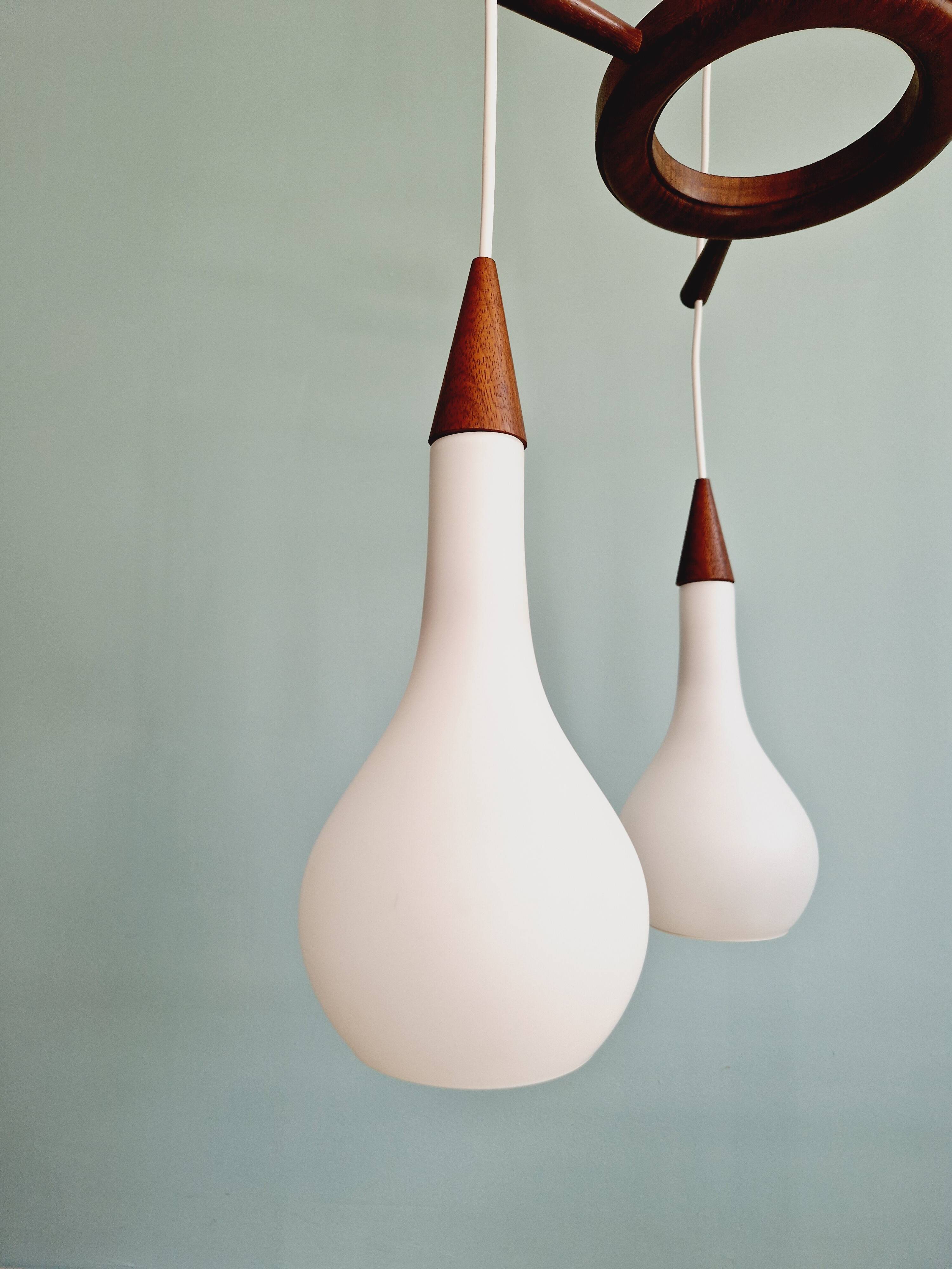 Scandinavian lustre cascade in teak and frosted white glass, 1960s