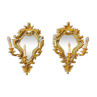 Pair of Italian Mirror Wall Lamps In Painted And Gilded Wood