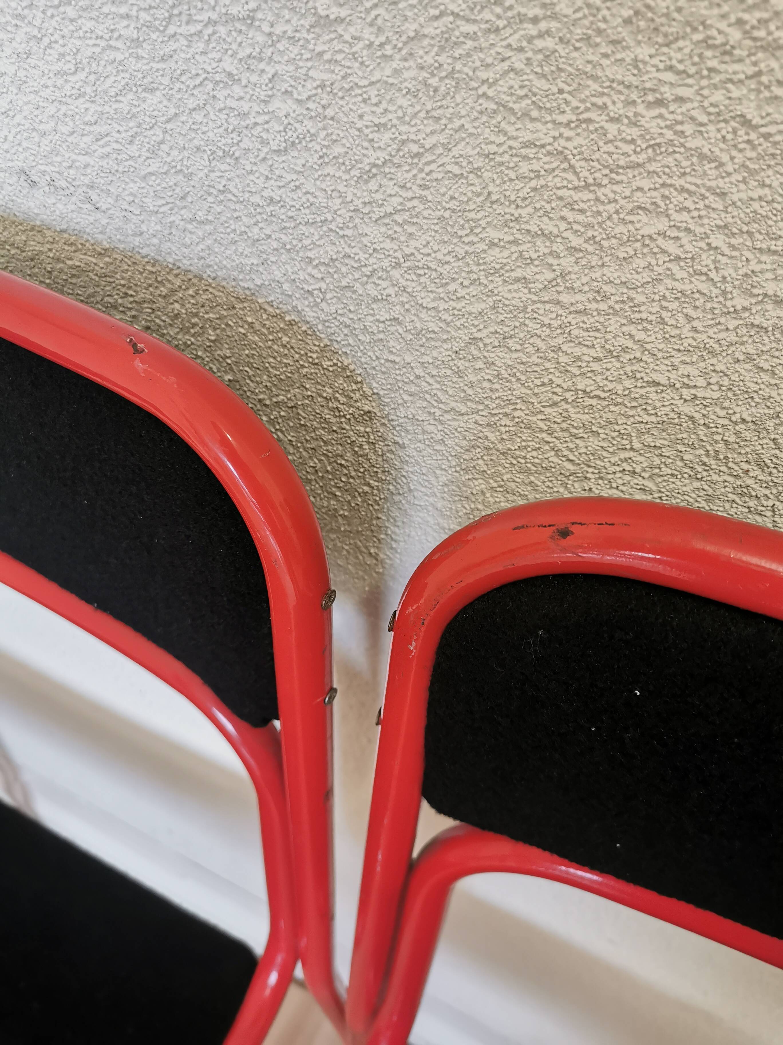 Set of 4 1970s Red & Black Metal Chair: Space Age Stackable Dining Chair