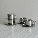 Set of 4 stainless steel coffee cups with saucers