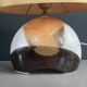 Ceramic floor lamp with a silk shade, signed.