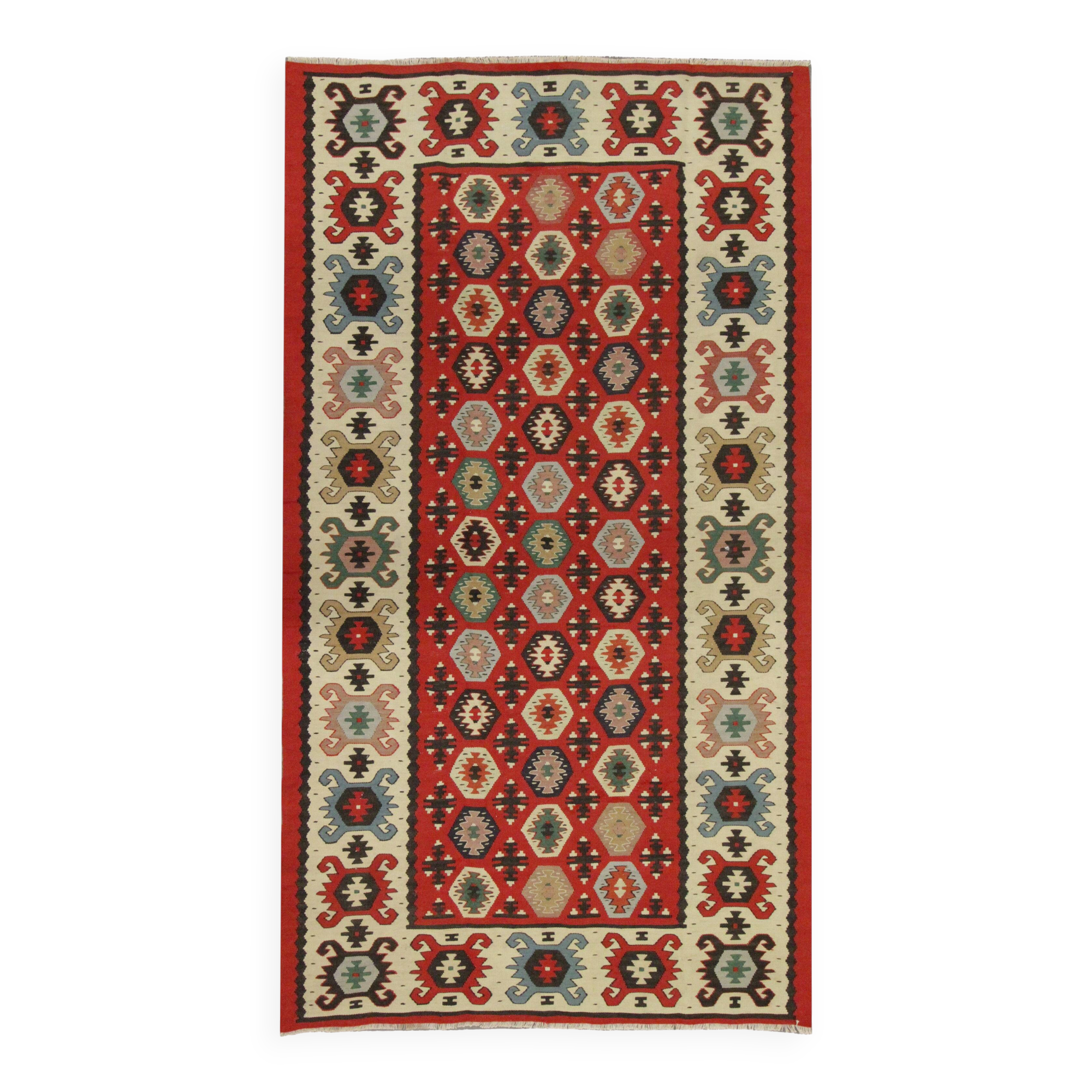 Handwoven Turkish Kilim Rug, 1960s Red Geometric Tribal Rugs 98 x 181 cm