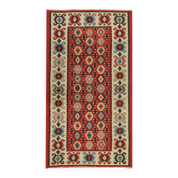 Handwoven Turkish Kilim Rug, 1960s Red Geometric Tribal Rugs 98 x 181 cm