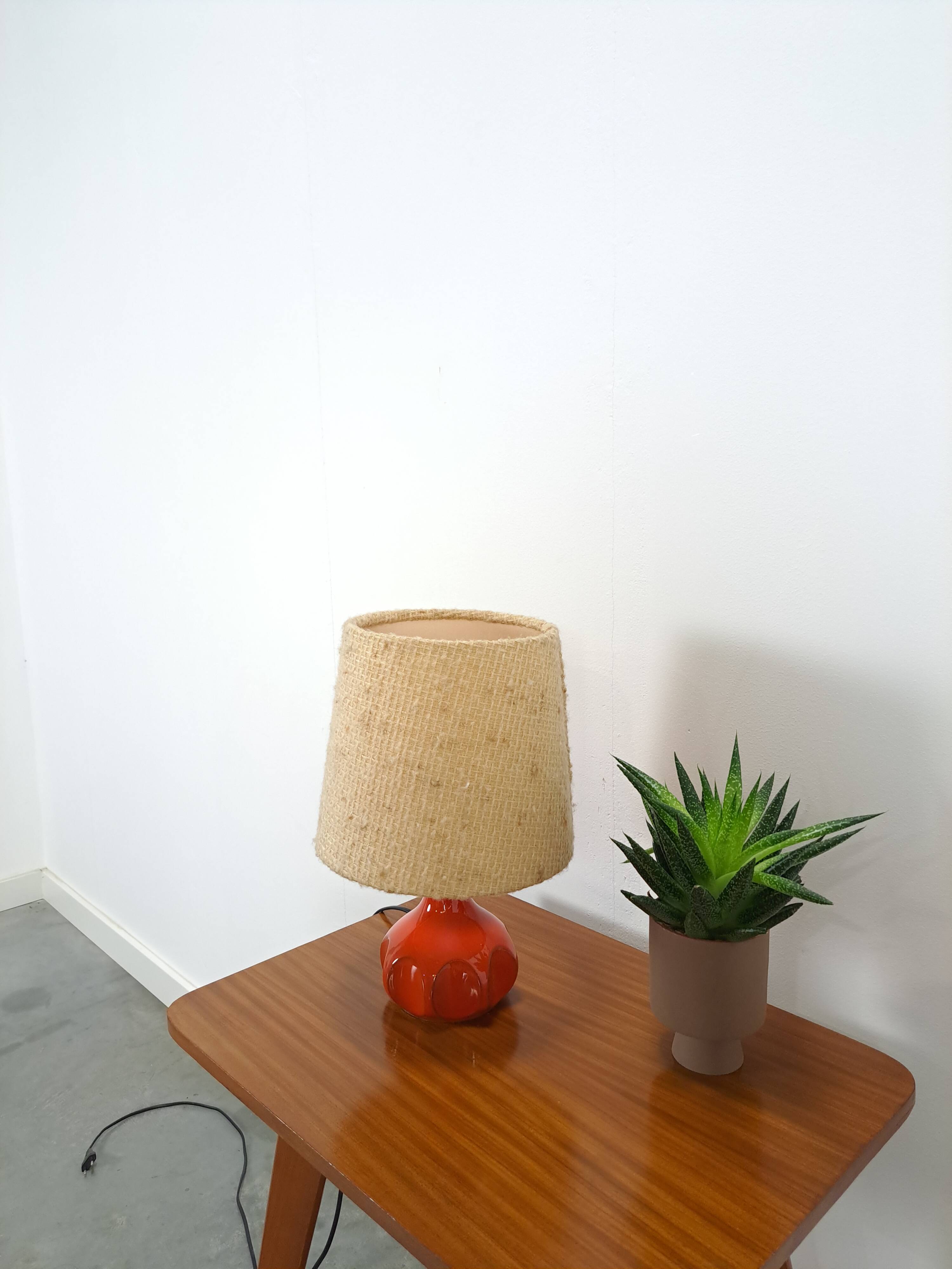 Ceramic table lamp orange with shade, vintage desk lamp