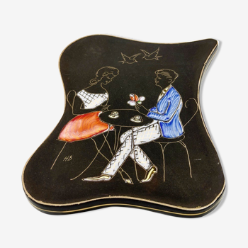 Plaque céramique émaillée les amoureux Hubert Bequet, années 50
