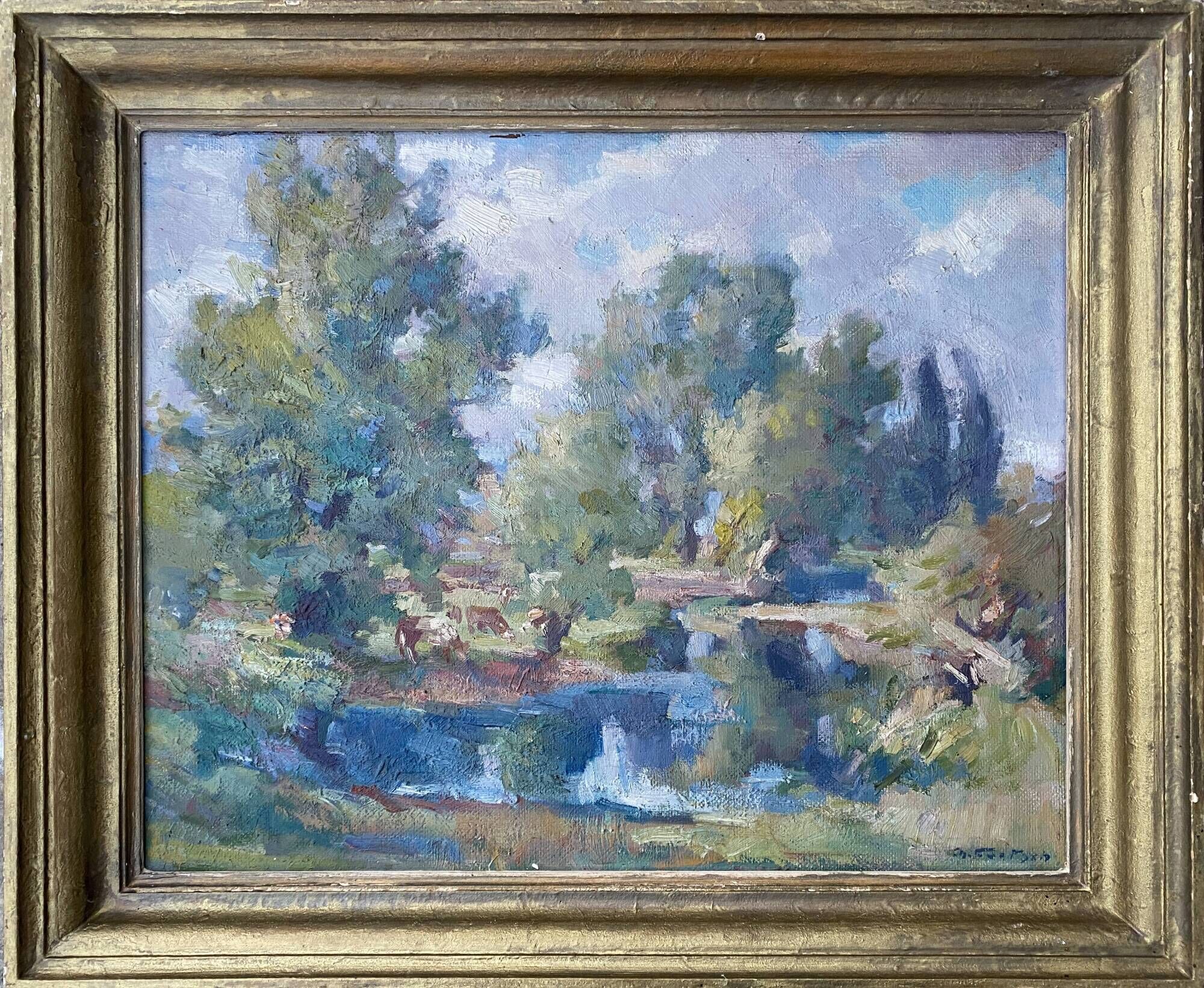 Table ec. French HSP “Edge of pond with trees” signed (to be deciphered)