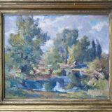 Table ec. French HSP “Edge of pond with trees” signed (to be deciphered)