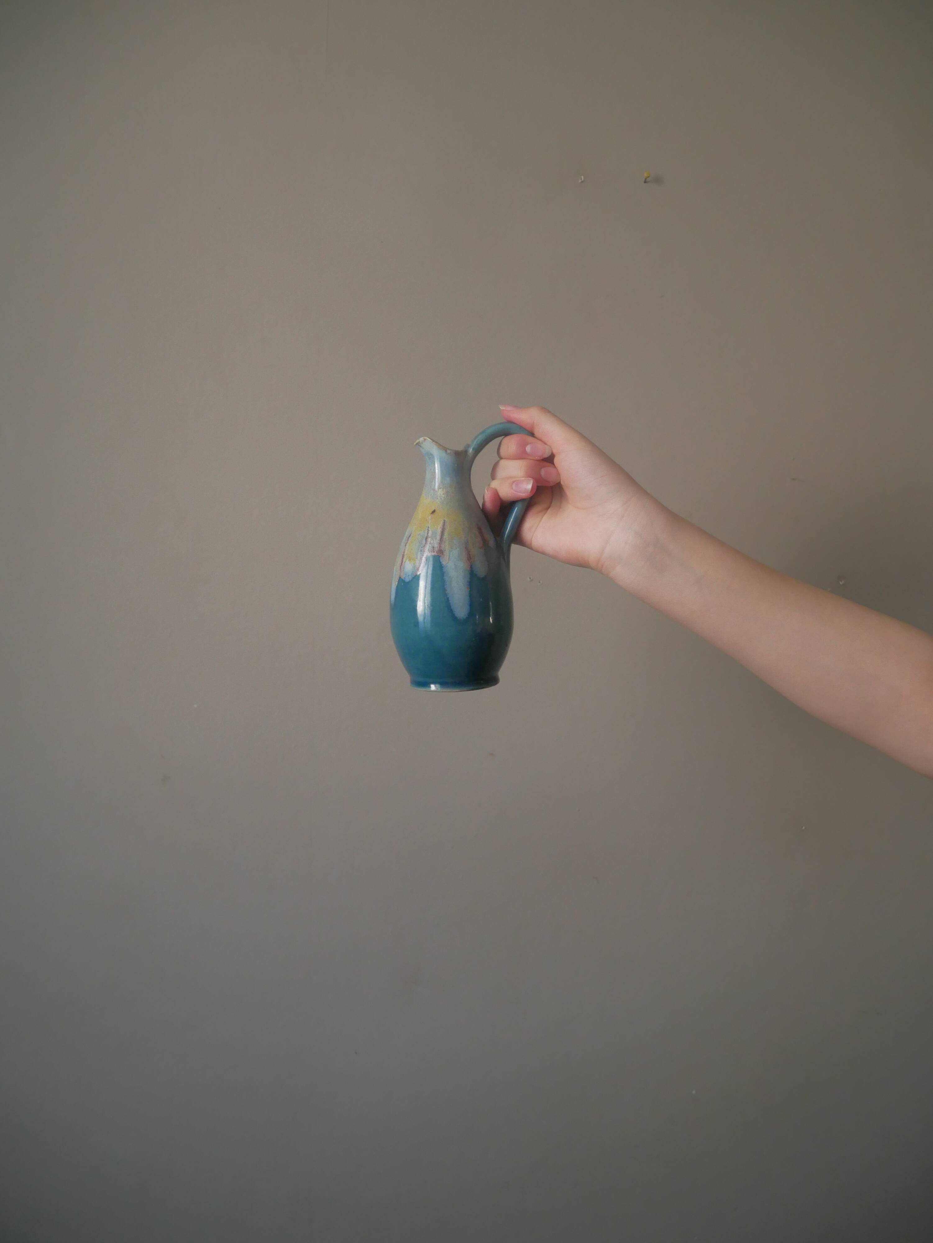 Vase with handle in enameled ceramic artisanal production country decoration slow handmade pottery