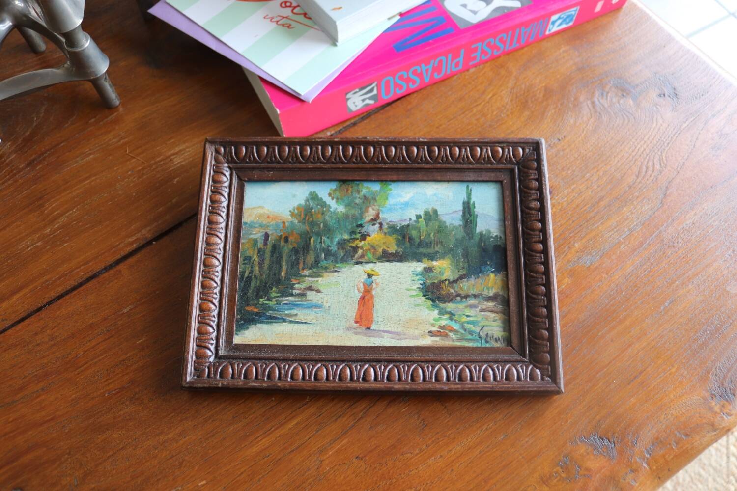 Small oil on panel landscape and old woman