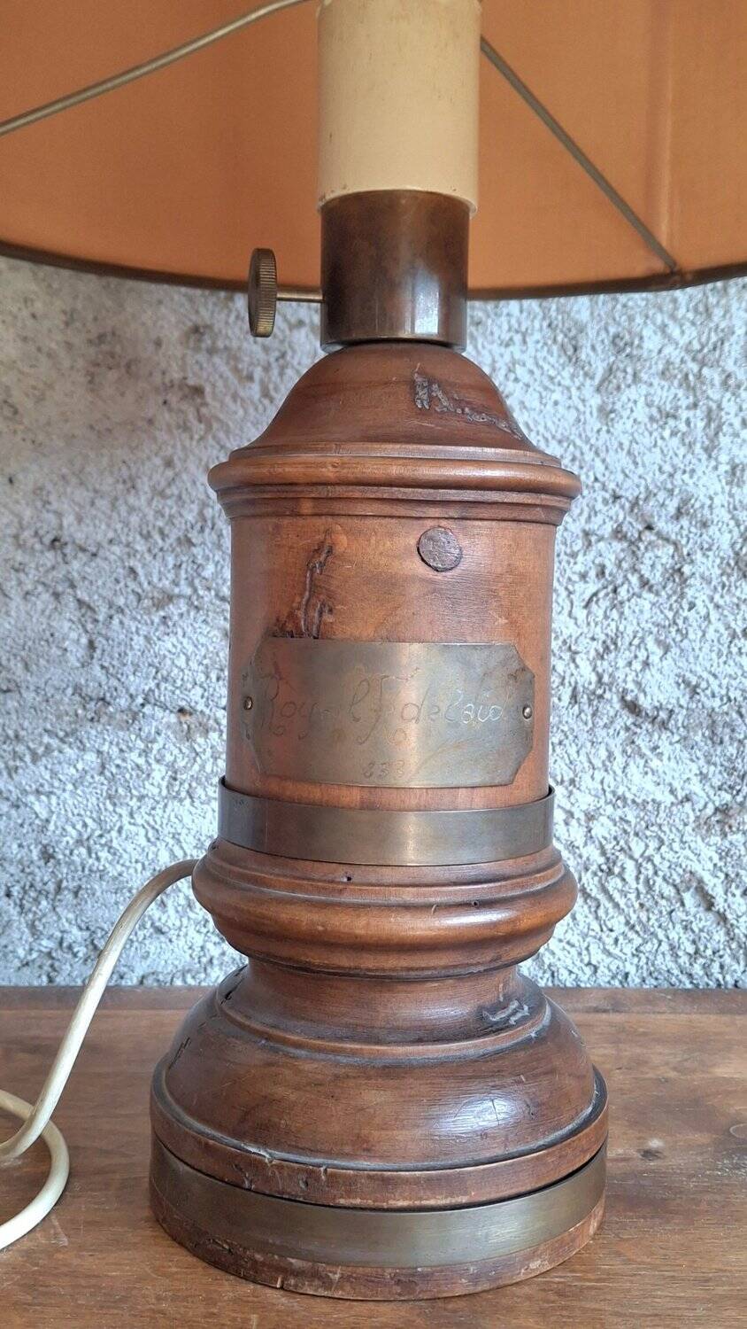 Antique turned wood lamp with engraved brass, Royal Adelaide.